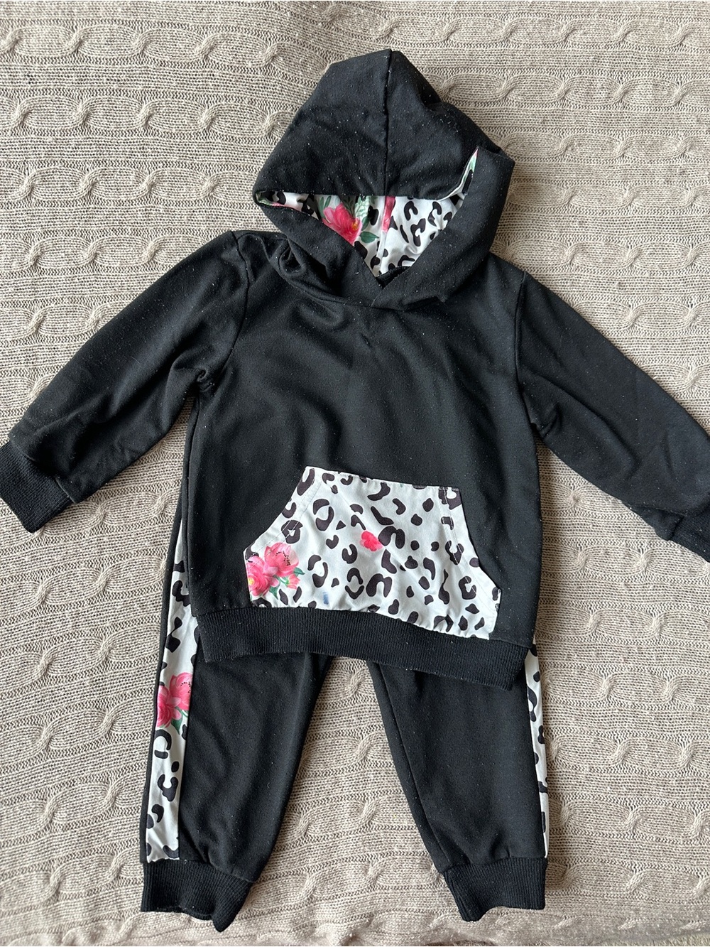 Synpos Toddler Girl Outfit Set, Black & Pink Leopard, 18-24 Months